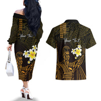 Personalised Hawaii King Kamehameha Day Couples Matching Off The Shoulder Long Sleeve Dress and Hawaiian Shirt Plumeria With Kakau Pattern - Gold