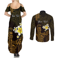 Personalised Hawaii King Kamehameha Day Couples Matching Summer Maxi Dress and Long Sleeve Button Shirt Plumeria With Kakau Pattern - Gold