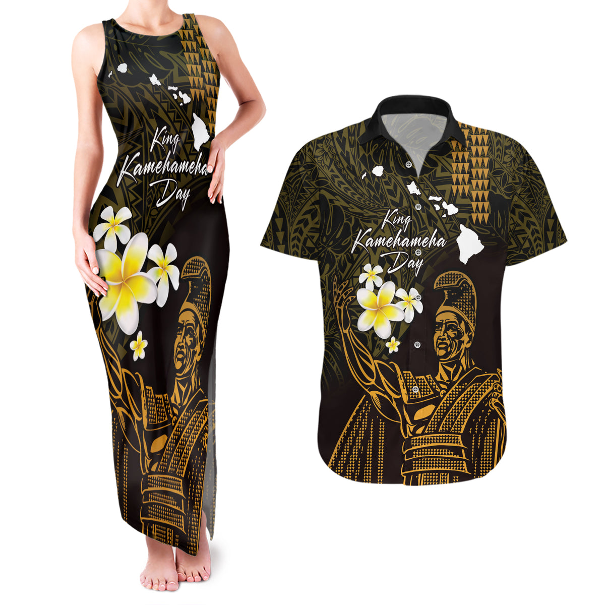 Personalised Hawaii King Kamehameha Day Couples Matching Tank Maxi Dress and Hawaiian Shirt Plumeria With Kakau Pattern - Gold