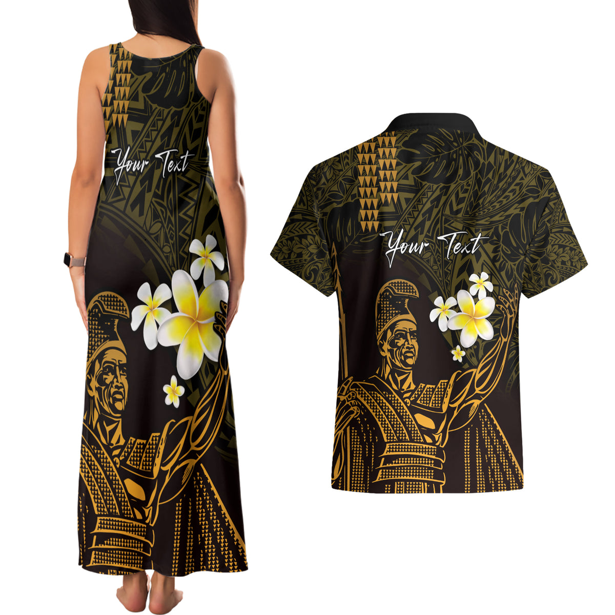 Personalised Hawaii King Kamehameha Day Couples Matching Tank Maxi Dress and Hawaiian Shirt Plumeria With Kakau Pattern - Gold