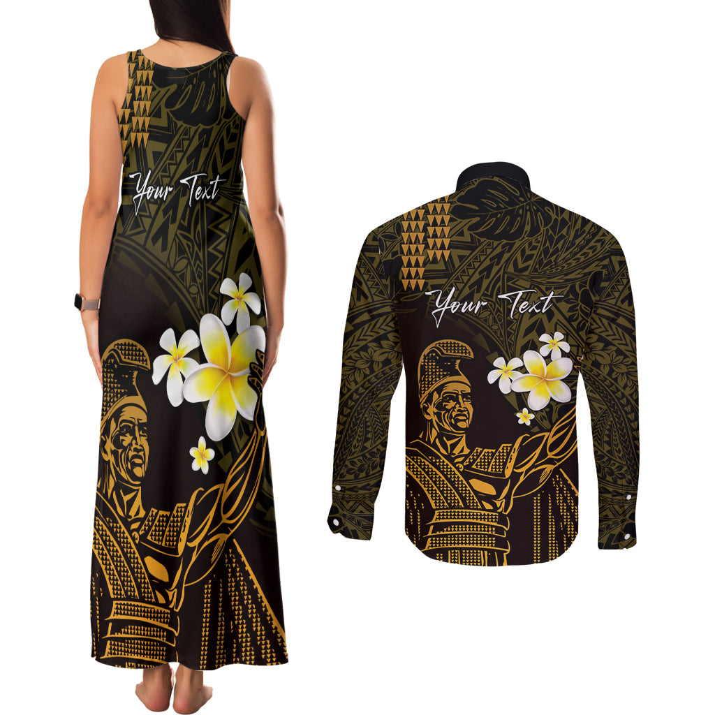 Personalised Hawaii King Kamehameha Day Couples Matching Tank Maxi Dress and Long Sleeve Button Shirt Plumeria With Kakau Pattern - Gold