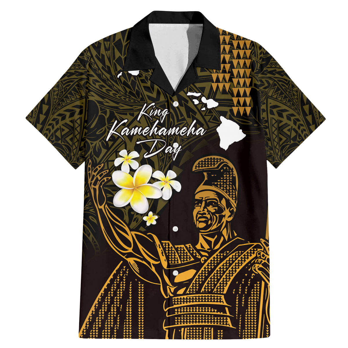 Personalised Hawaii King Kamehameha Day Family Matching Mermaid Dress and Hawaiian Shirt Plumeria With Kakau Pattern - Gold