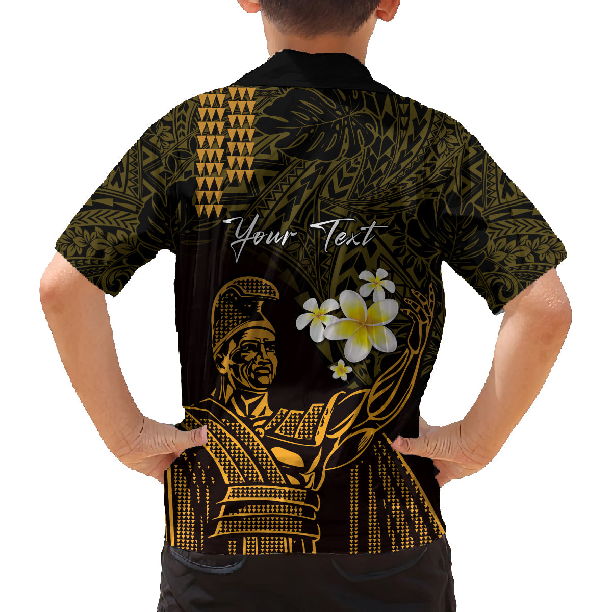 Personalised Hawaii King Kamehameha Day Family Matching Off Shoulder Short Dress and Hawaiian Shirt Plumeria With Kakau Pattern - Gold