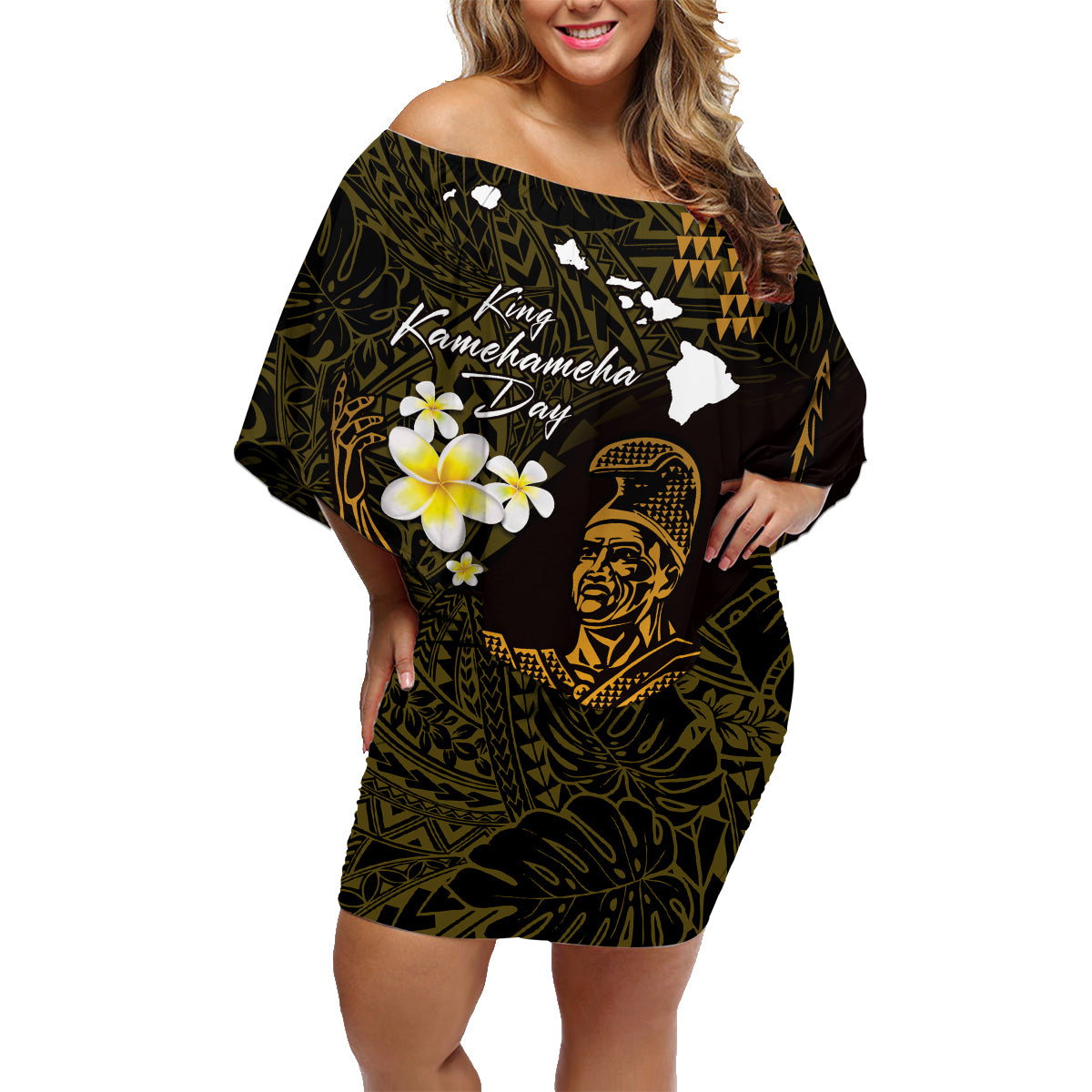 Personalised Hawaii King Kamehameha Day Family Matching Off Shoulder Short Dress and Hawaiian Shirt Plumeria With Kakau Pattern - Gold
