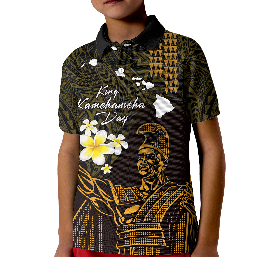 Personalised Hawaii King Kamehameha Day Kid Polo Shirt Plumeria With Kakau Pattern - Gold