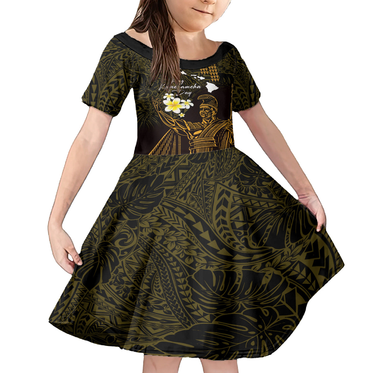 Personalised Hawaii King Kamehameha Day Kid Short Sleeve Dress Plumeria With Kakau Pattern - Gold