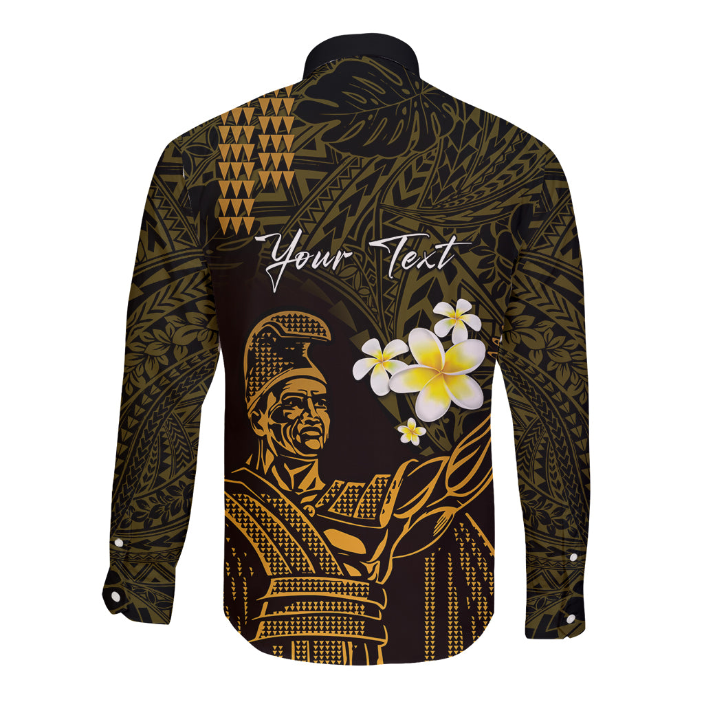 Personalised Hawaii King Kamehameha Day Long Sleeve Button Shirt Plumeria With Kakau Pattern - Gold