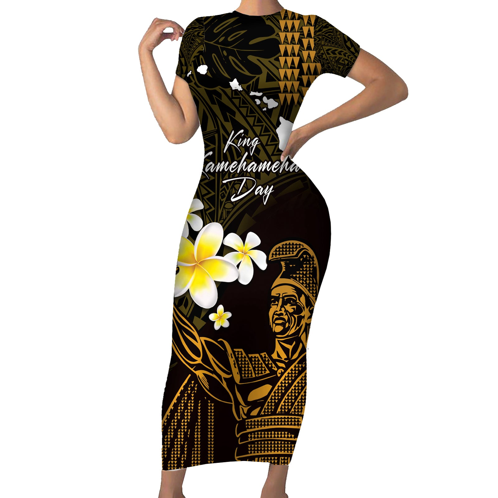 Personalised Hawaii King Kamehameha Day Short Sleeve Bodycon Dress Plumeria With Kakau Pattern - Gold