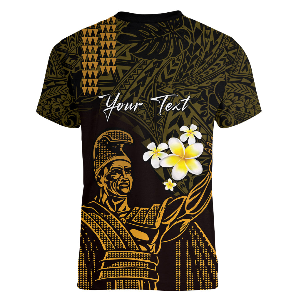 Personalised Hawaii King Kamehameha Day Women V Neck T Shirt Plumeria With Kakau Pattern - Gold