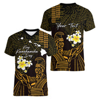 Personalised Hawaii King Kamehameha Day Women V Neck T Shirt Plumeria With Kakau Pattern - Gold