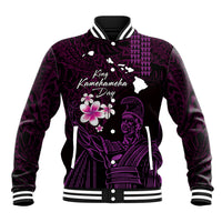 Personalised Hawaii King Kamehameha Day Baseball Jacket Plumeria With Kakau Pattern - Purple