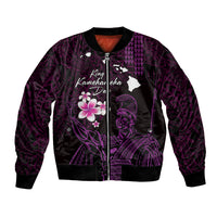 Personalised Hawaii King Kamehameha Day Bomber Jacket Plumeria With Kakau Pattern - Purple