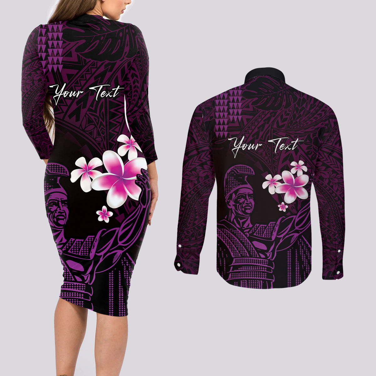 Personalised Hawaii King Kamehameha Day Couples Matching Long Sleeve Bodycon Dress and Long Sleeve Button Shirt Plumeria With Kakau Pattern - Purple