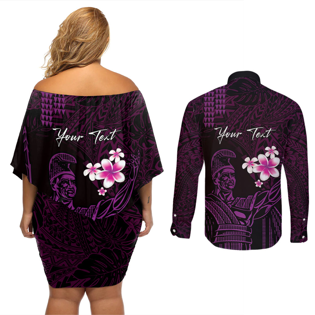Personalised Hawaii King Kamehameha Day Couples Matching Off Shoulder Short Dress and Long Sleeve Button Shirt Plumeria With Kakau Pattern - Purple