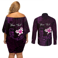 Personalised Hawaii King Kamehameha Day Couples Matching Off Shoulder Short Dress and Long Sleeve Button Shirt Plumeria With Kakau Pattern - Purple