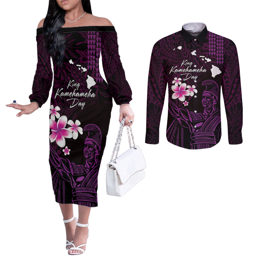 Personalised Hawaii King Kamehameha Day Couples Matching Off The Shoulder Long Sleeve Dress and Long Sleeve Button Shirt Plumeria With Kakau Pattern - Purple