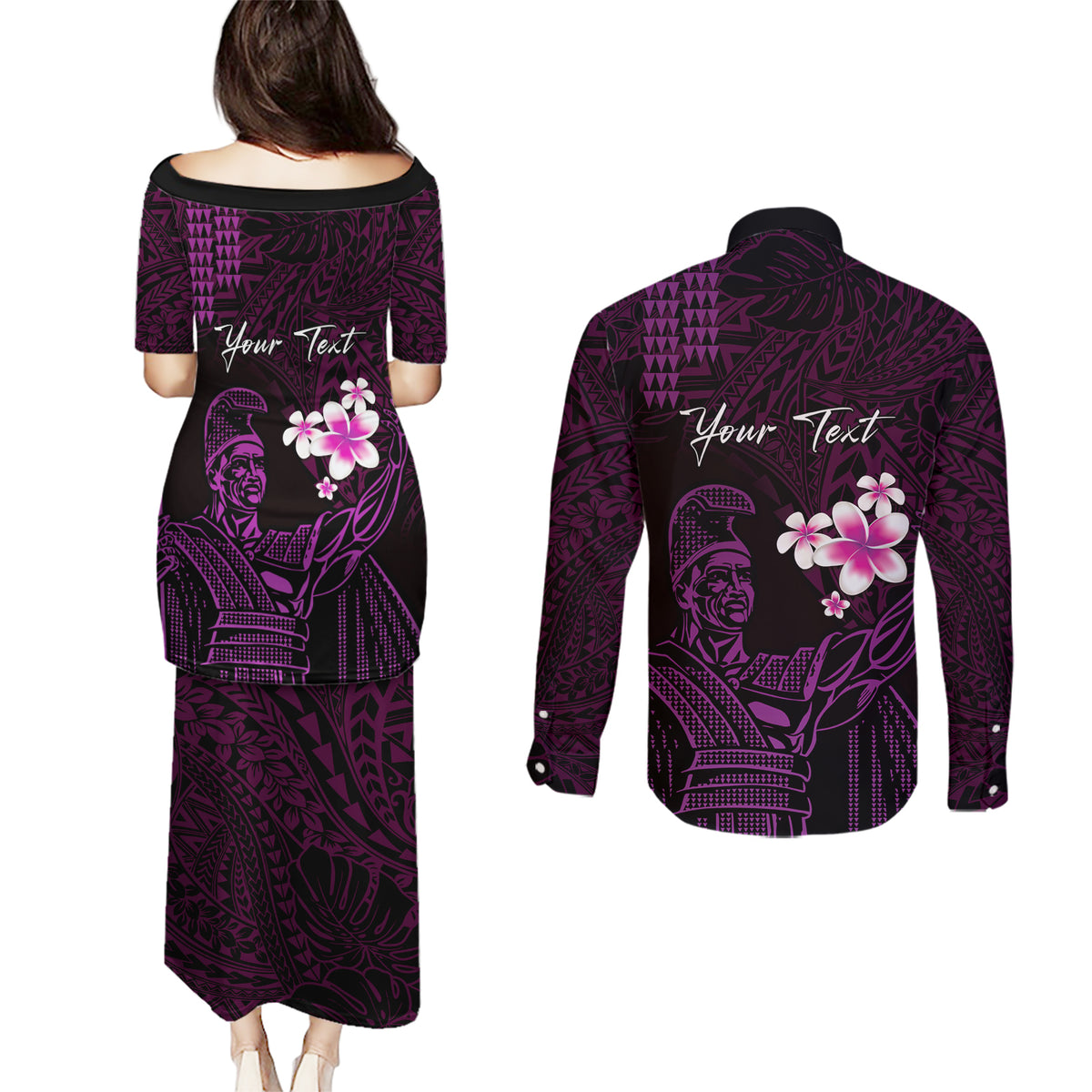 Personalised Hawaii King Kamehameha Day Couples Matching Puletasi and Long Sleeve Button Shirt Plumeria With Kakau Pattern - Purple