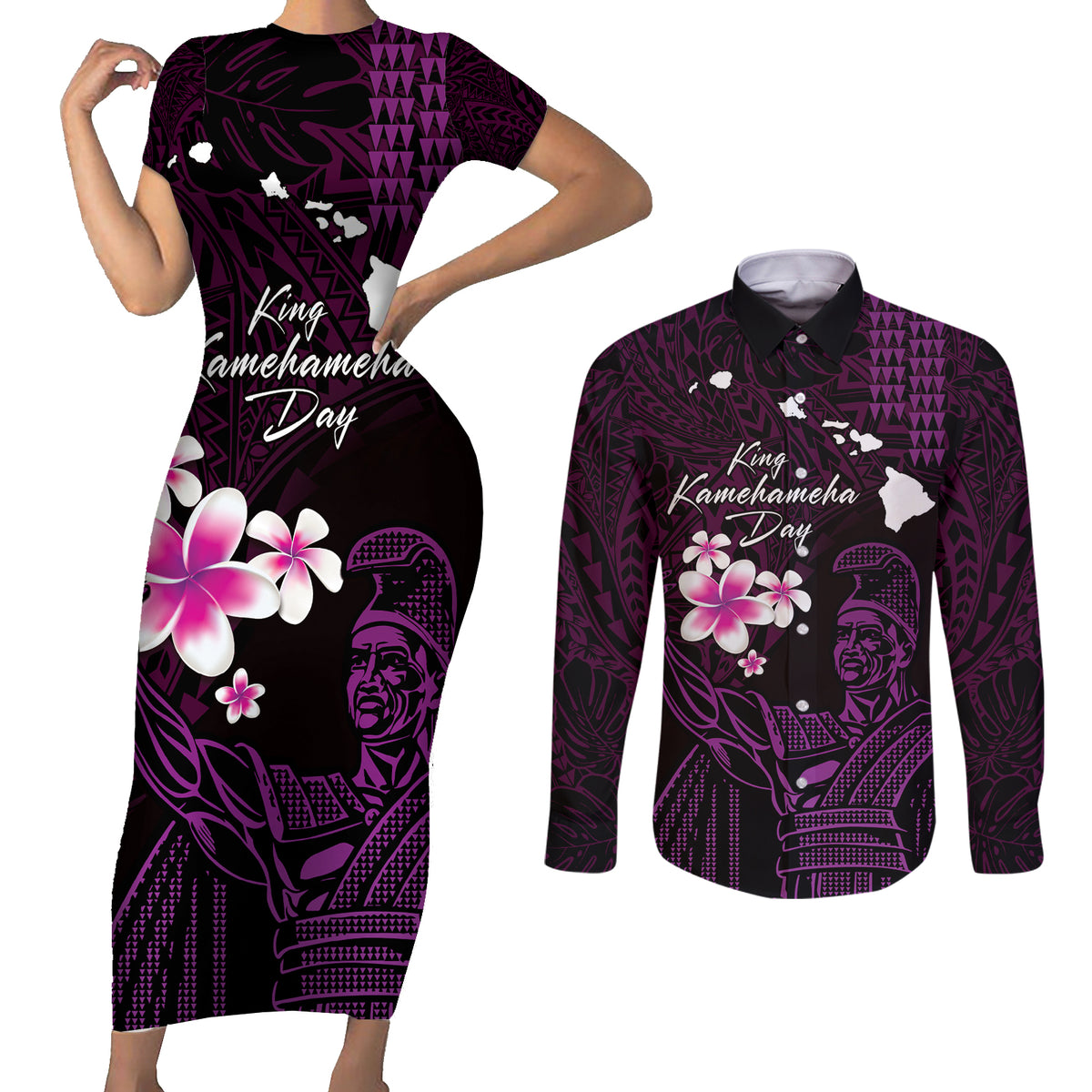 Personalised Hawaii King Kamehameha Day Couples Matching Short Sleeve Bodycon Dress and Long Sleeve Button Shirt Plumeria With Kakau Pattern - Purple