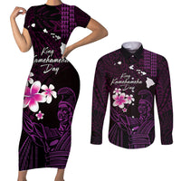 Personalised Hawaii King Kamehameha Day Couples Matching Short Sleeve Bodycon Dress and Long Sleeve Button Shirt Plumeria With Kakau Pattern - Purple