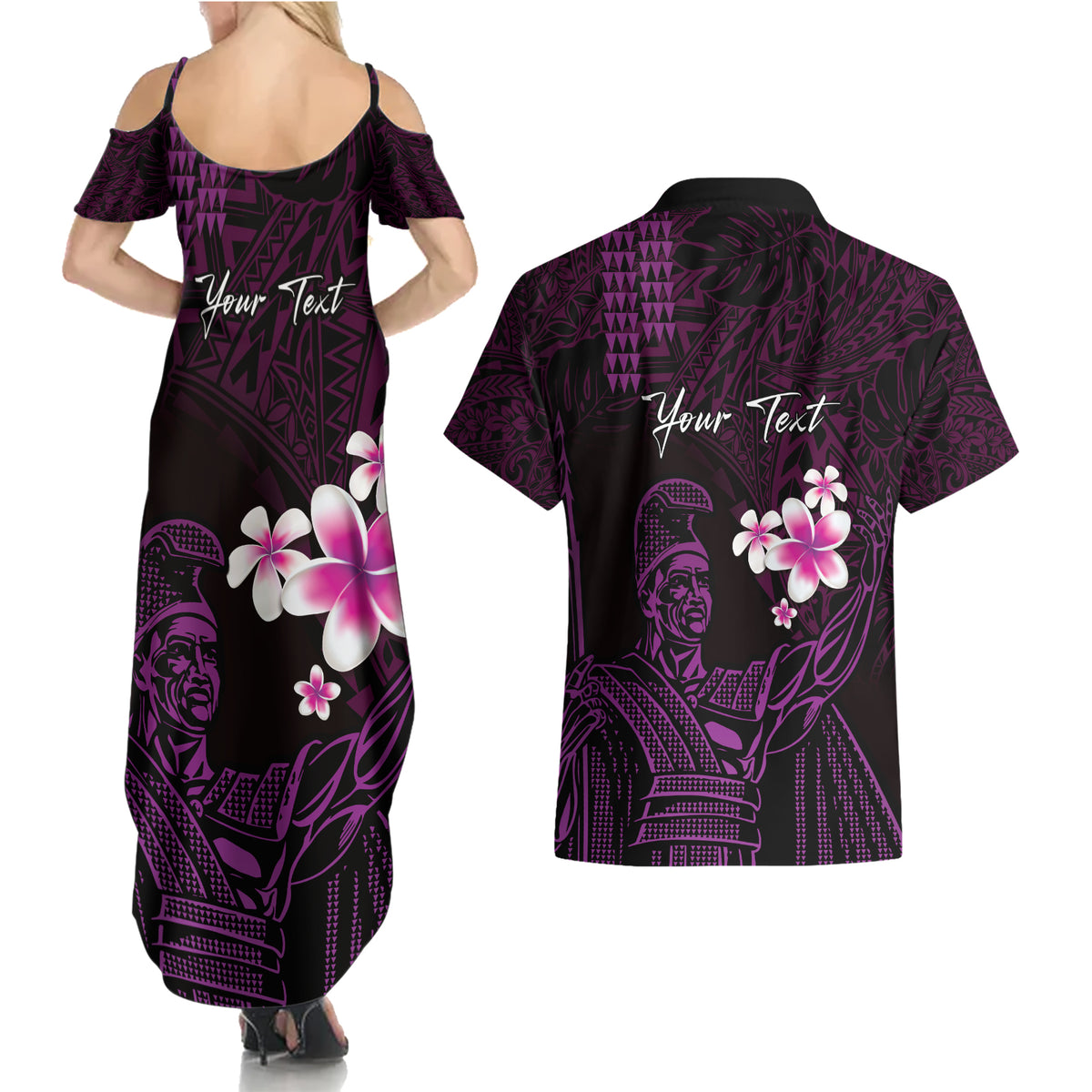Personalised Hawaii King Kamehameha Day Couples Matching Summer Maxi Dress and Hawaiian Shirt Plumeria With Kakau Pattern - Purple