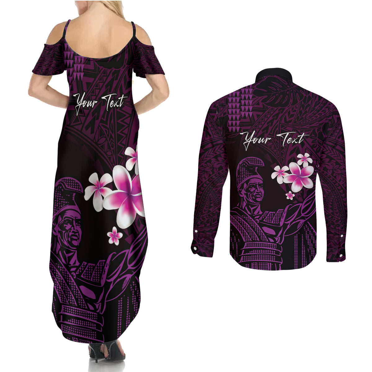 Personalised Hawaii King Kamehameha Day Couples Matching Summer Maxi Dress and Long Sleeve Button Shirt Plumeria With Kakau Pattern - Purple