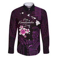 Personalised Hawaii King Kamehameha Day Family Matching Long Sleeve Bodycon Dress and Hawaiian Shirt Plumeria With Kakau Pattern - Purple