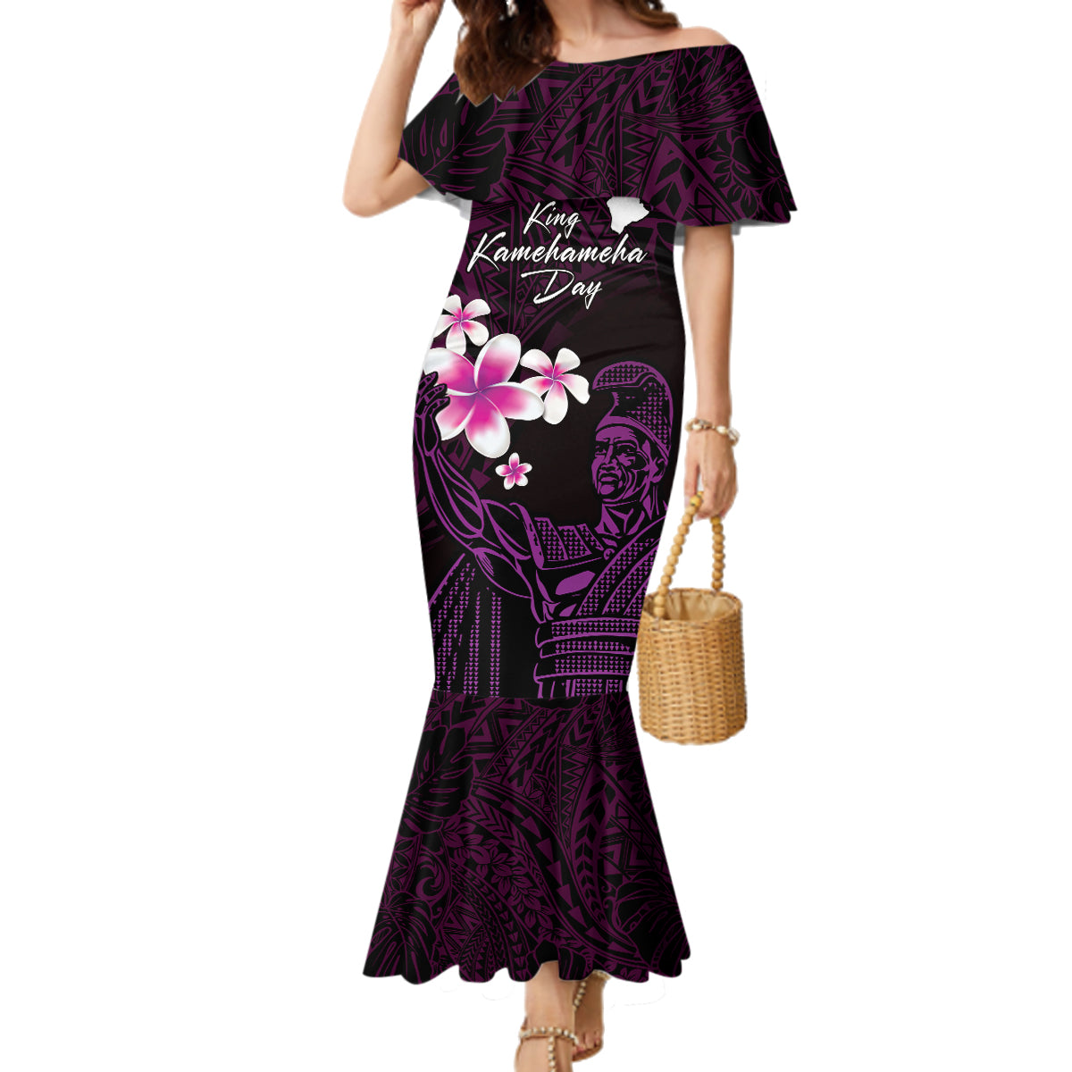 Personalised Hawaii King Kamehameha Day Family Matching Mermaid Dress and Hawaiian Shirt Plumeria With Kakau Pattern - Purple