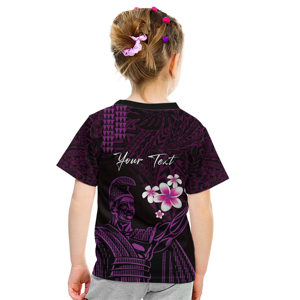Personalised Hawaii King Kamehameha Day Kid T Shirt Plumeria With Kakau Pattern - Purple