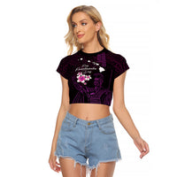 Personalised Hawaii King Kamehameha Day Raglan Cropped T Shirt Plumeria With Kakau Pattern - Purple