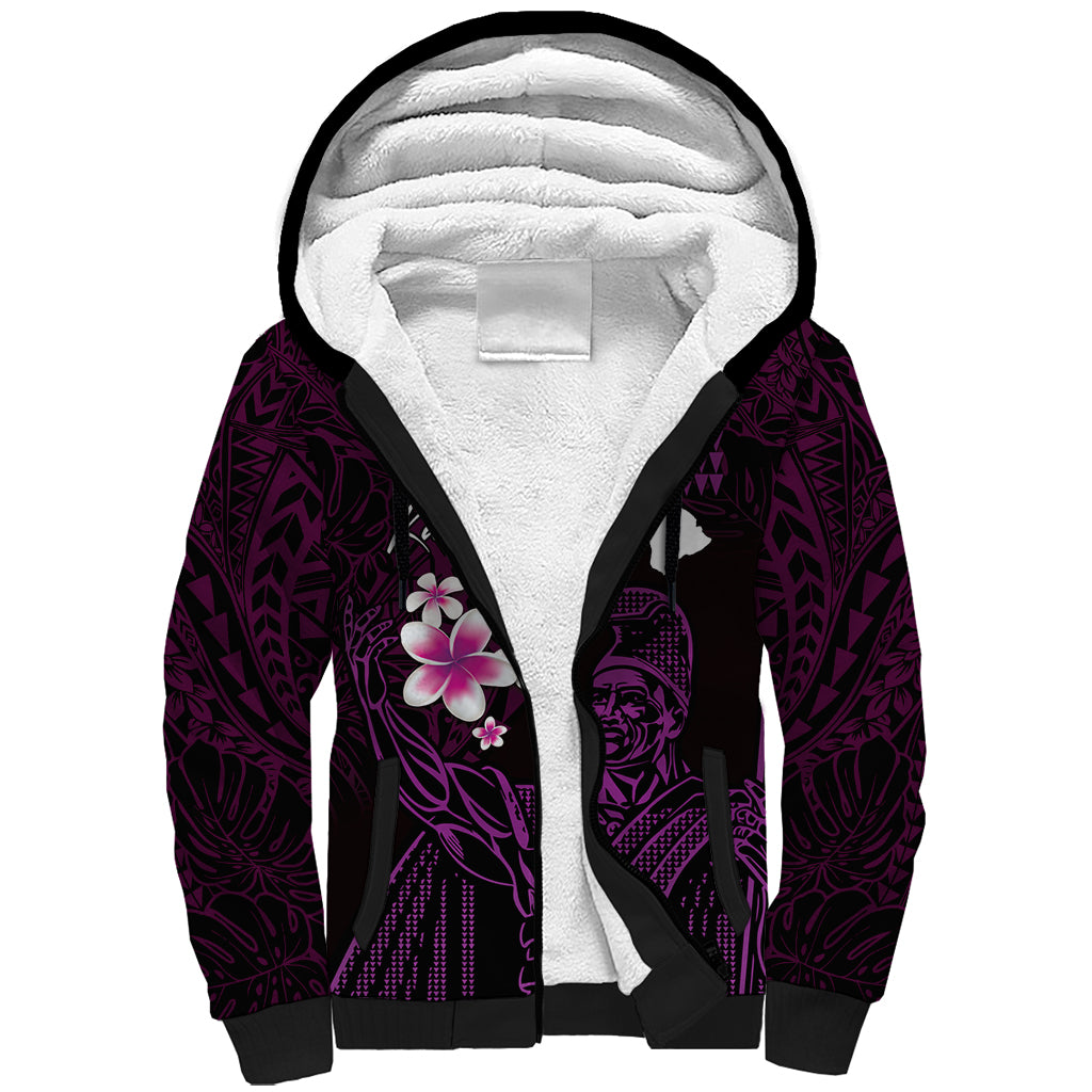 Personalised Hawaii King Kamehameha Day Sherpa Hoodie Plumeria With Kakau Pattern - Purple