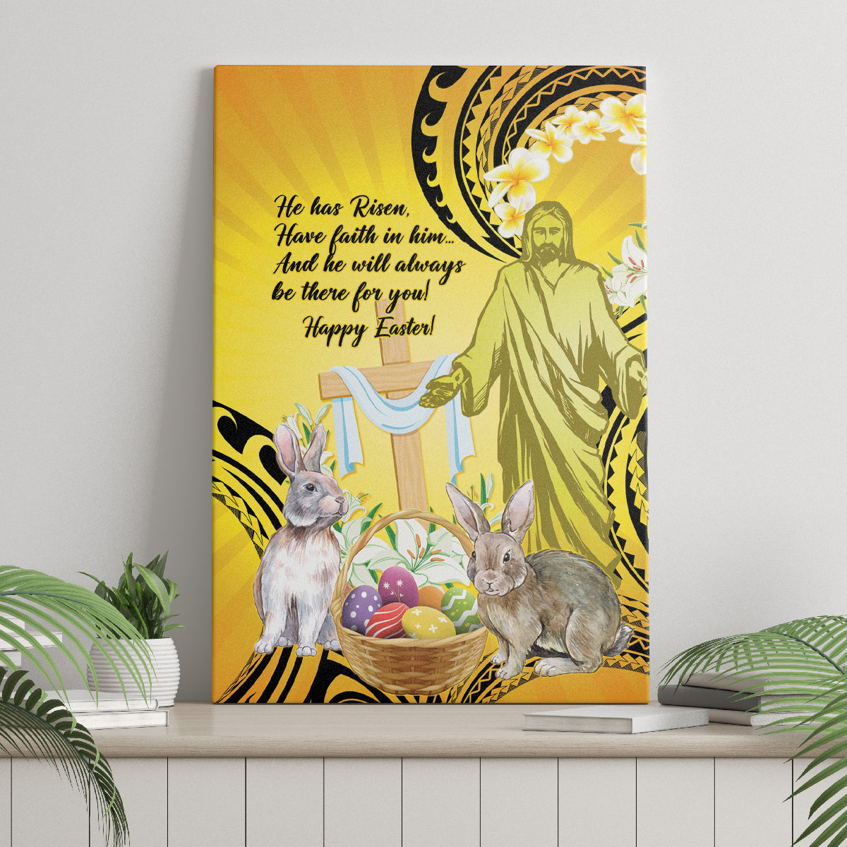 Polynesia Easter Day Canvas Wall Art He Is Risen Lilium Longiflorum Polynesian Pattern