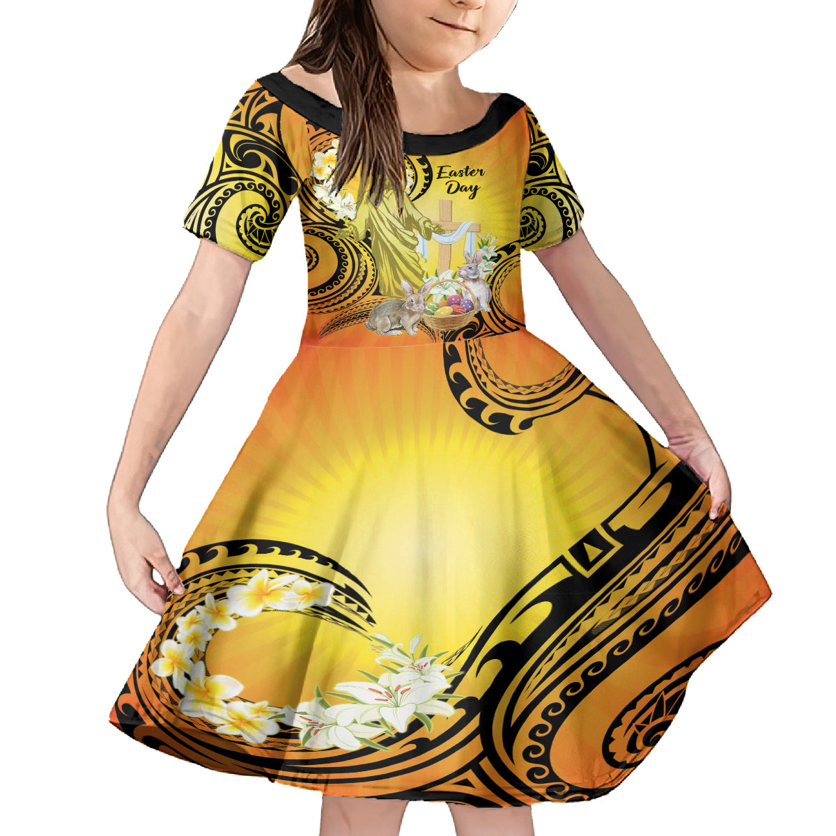 Polynesia Easter Day Family Matching Off Shoulder Maxi Dress and Hawaiian Shirt He Is Risen Lilium Longiflorum Polynesian Pattern LT14 Daughter's Dress Gold - Polynesian Pride