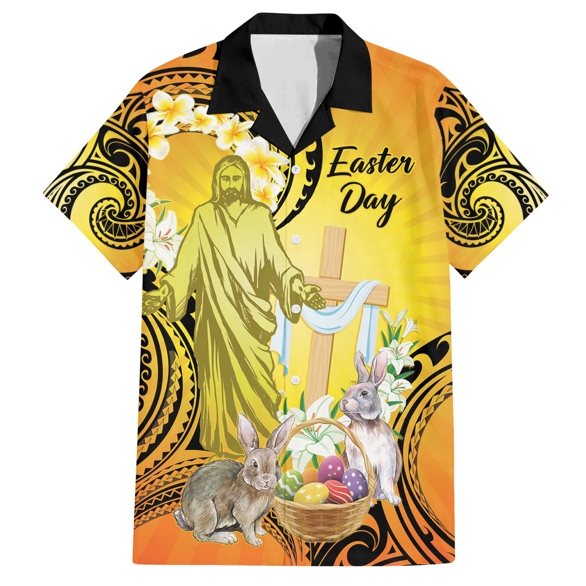 Polynesia Easter Day Family Matching Off Shoulder Maxi Dress and Hawaiian Shirt He Is Risen Lilium Longiflorum Polynesian Pattern LT14 Dad's Shirt - Short Sleeve Gold - Polynesian Pride