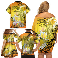 Polynesia Easter Day Family Matching Off Shoulder Short Dress and Hawaiian Shirt He Is Risen Lilium Longiflorum Polynesian Pattern
