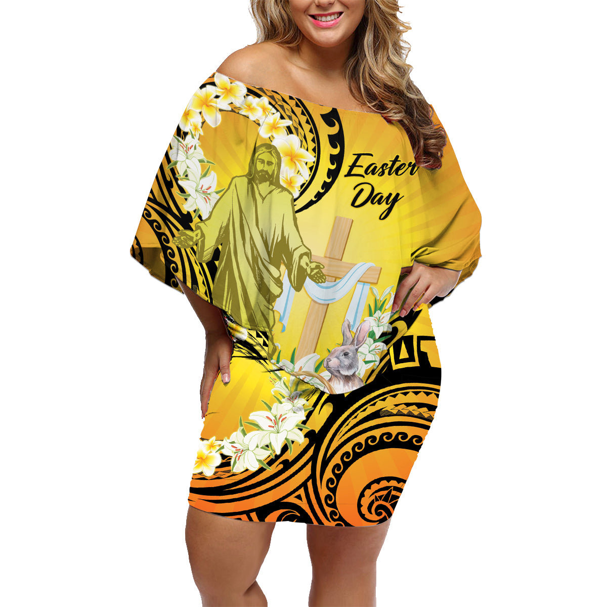 Polynesia Easter Day Family Matching Off Shoulder Short Dress and Hawaiian Shirt He Is Risen Lilium Longiflorum Polynesian Pattern