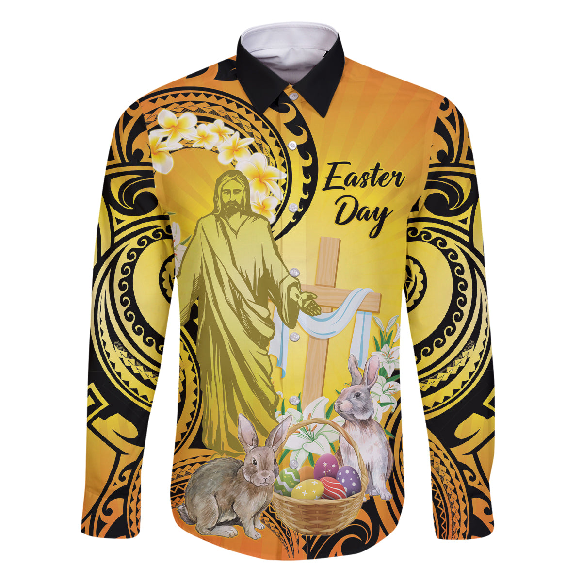 Polynesia Easter Day Family Matching Summer Maxi Dress and Hawaiian Shirt He Is Risen Lilium Longiflorum Polynesian Pattern LT14 Dad's Shirt - Long Sleeve Gold - Polynesian Pride