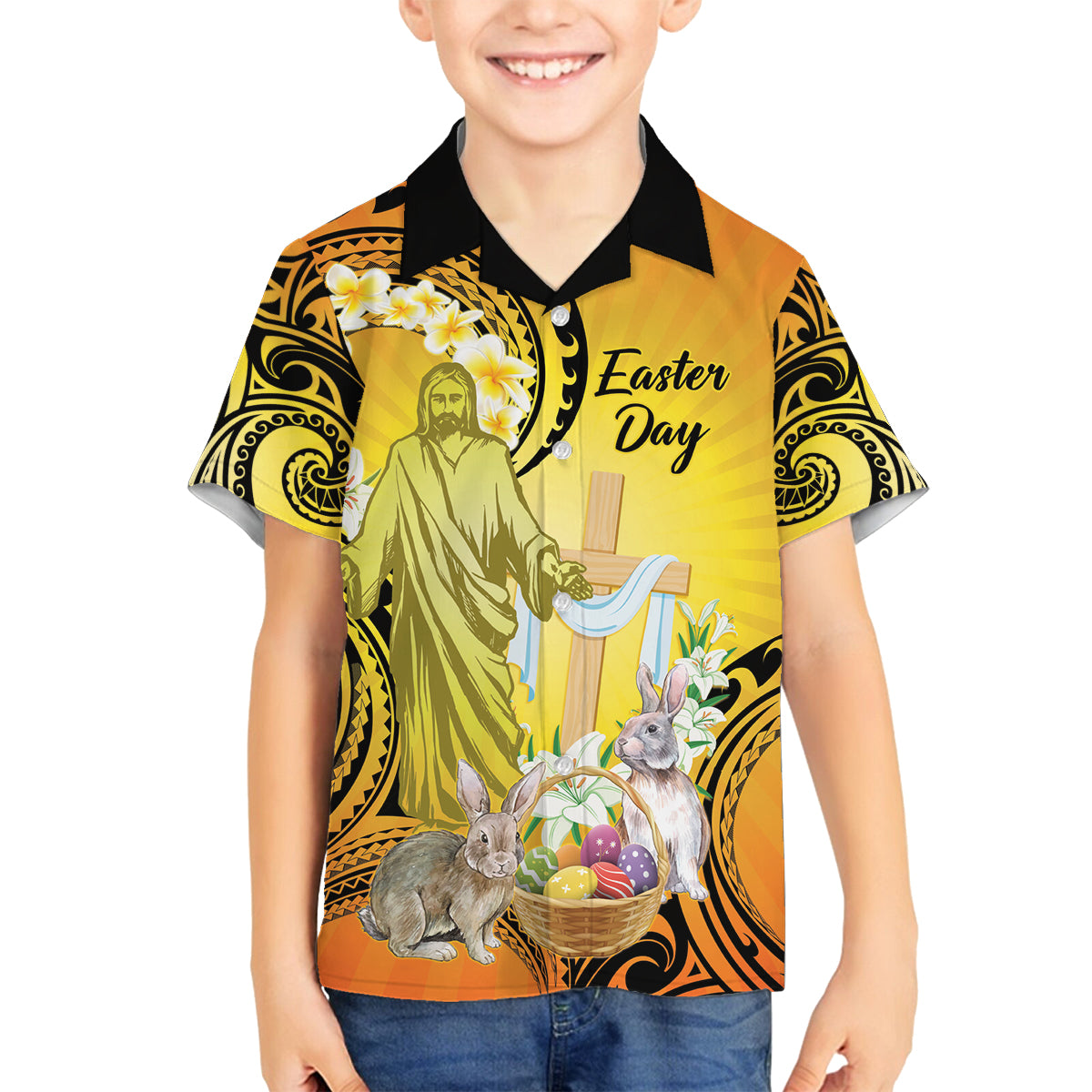 Polynesia Easter Day Family Matching Summer Maxi Dress and Hawaiian Shirt He Is Risen Lilium Longiflorum Polynesian Pattern LT14 Son's Shirt Gold - Polynesian Pride
