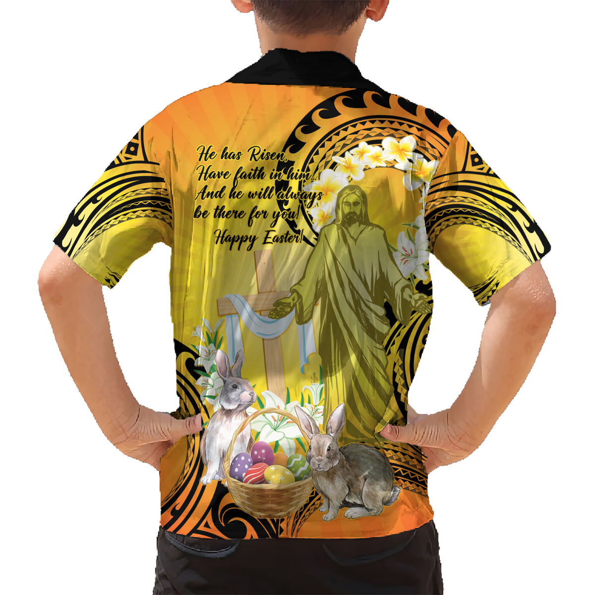 Polynesia Easter Day Kid Hawaiian Shirt He Is Risen Lilium Longiflorum Polynesian Pattern