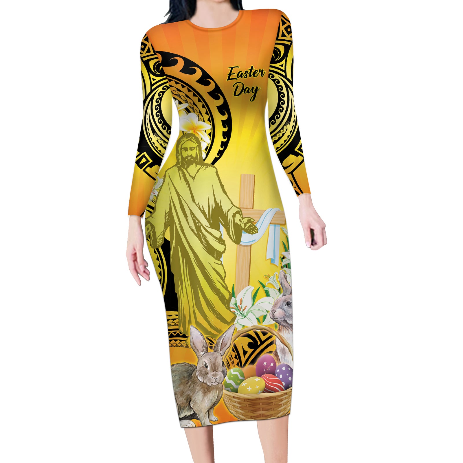 Polynesia Easter Day Long Sleeve Bodycon Dress He Is Risen Lilium Longiflorum Polynesian Pattern LT14 Long Dress Gold - Polynesian Pride
