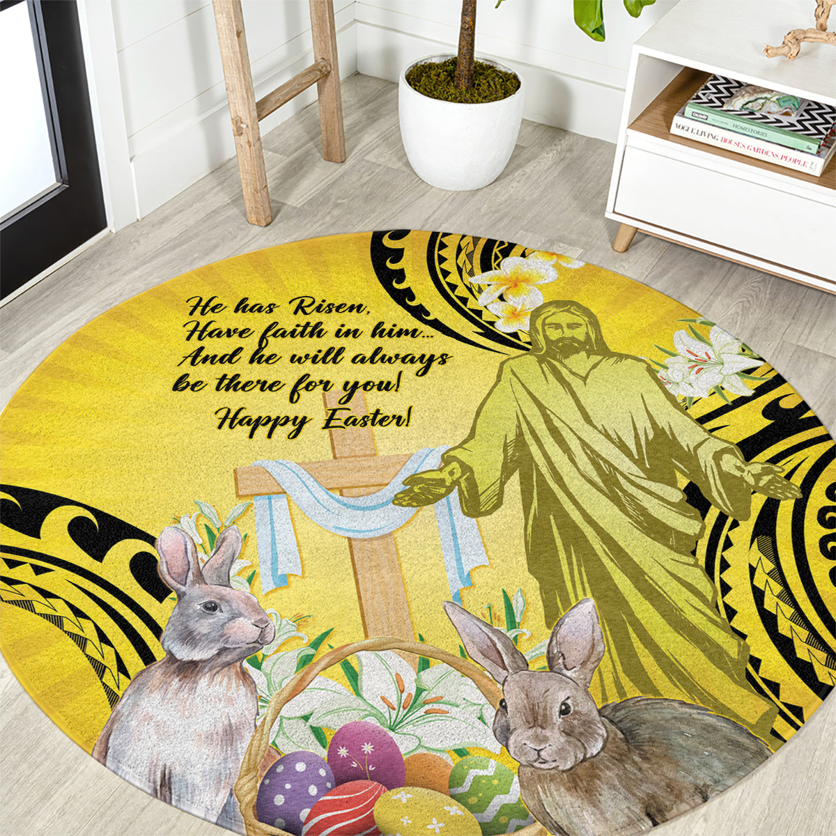 Polynesia Easter Day Round Carpet He Is Risen Lilium Longiflorum Polynesian Pattern LT14 Gold - Polynesian Pride