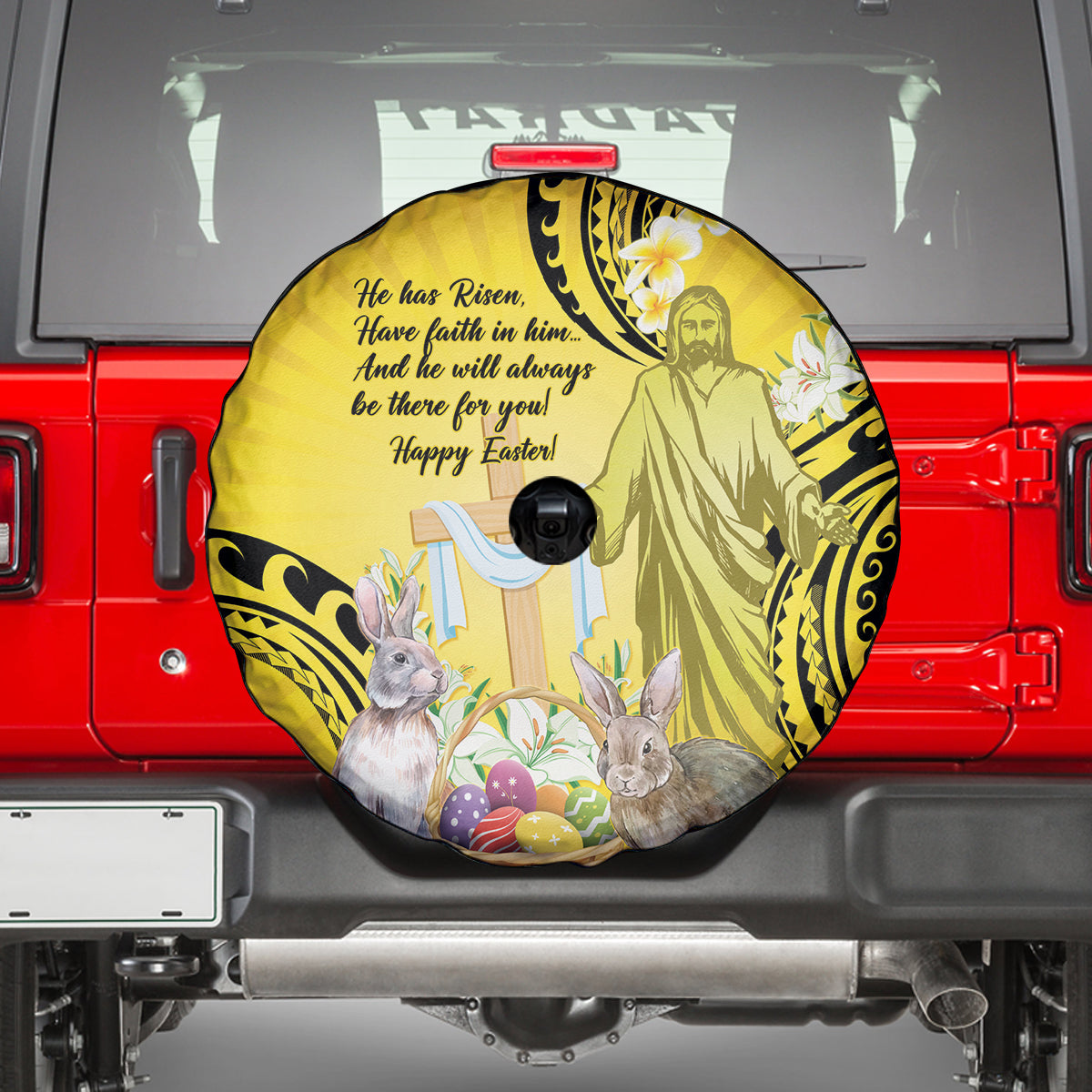 Polynesia Easter Day Spare Tire Cover He Is Risen Lilium Longiflorum Polynesian Pattern