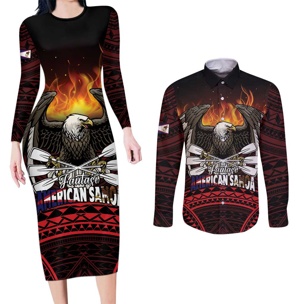 Fautasi Race Day American Samoa Couples Matching Long Sleeve Bodycon Dress and Long Sleeve Button Shirt Bald Eagle Polynesian Tattoo LT14 Black - Polynesian Pride