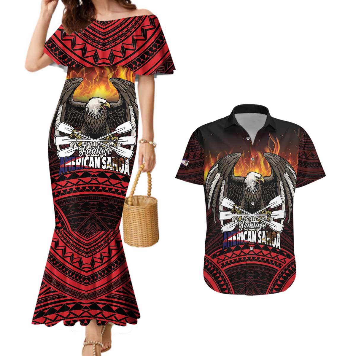 Fautasi Race Day American Samoa Couples Matching Mermaid Dress and Hawaiian Shirt Bald Eagle Polynesian Tattoo LT14 Black - Polynesian Pride