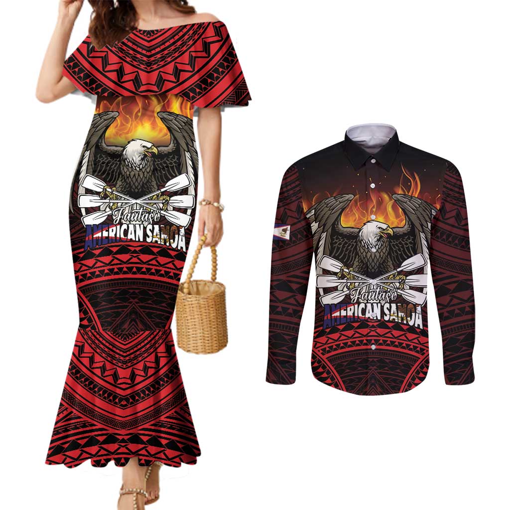 Fautasi Race Day American Samoa Couples Matching Mermaid Dress and Long Sleeve Button Shirt Bald Eagle Polynesian Tattoo LT14 Black - Polynesian Pride