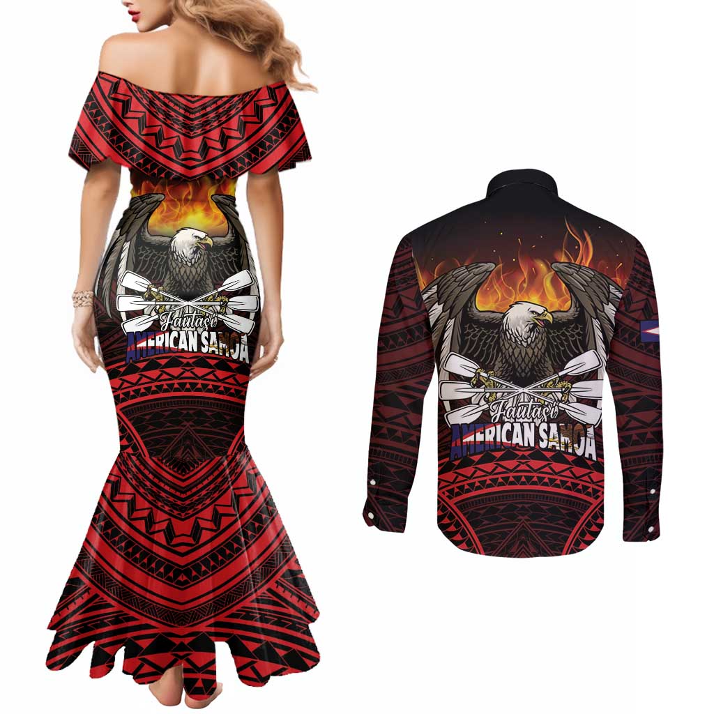 Fautasi Race Day American Samoa Couples Matching Mermaid Dress and Long Sleeve Button Shirt Bald Eagle Polynesian Tattoo LT14 - Polynesian Pride
