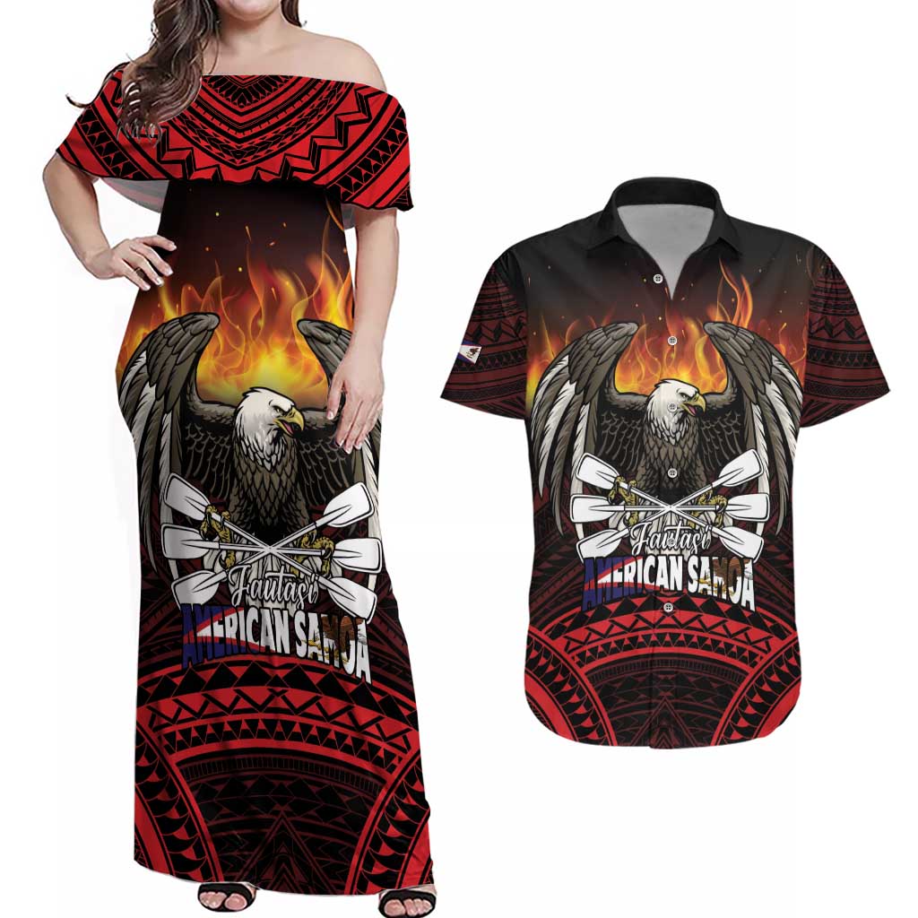 Fautasi Race Day American Samoa Couples Matching Off Shoulder Maxi Dress and Hawaiian Shirt Bald Eagle Polynesian Tattoo LT14 Black - Polynesian Pride
