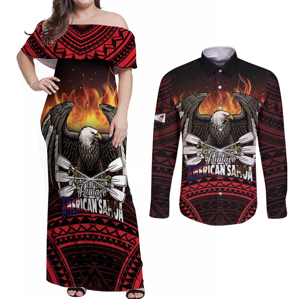 Fautasi Race Day American Samoa Couples Matching Off Shoulder Maxi Dress and Long Sleeve Button Shirt Bald Eagle Polynesian Tattoo LT14 Black - Polynesian Pride