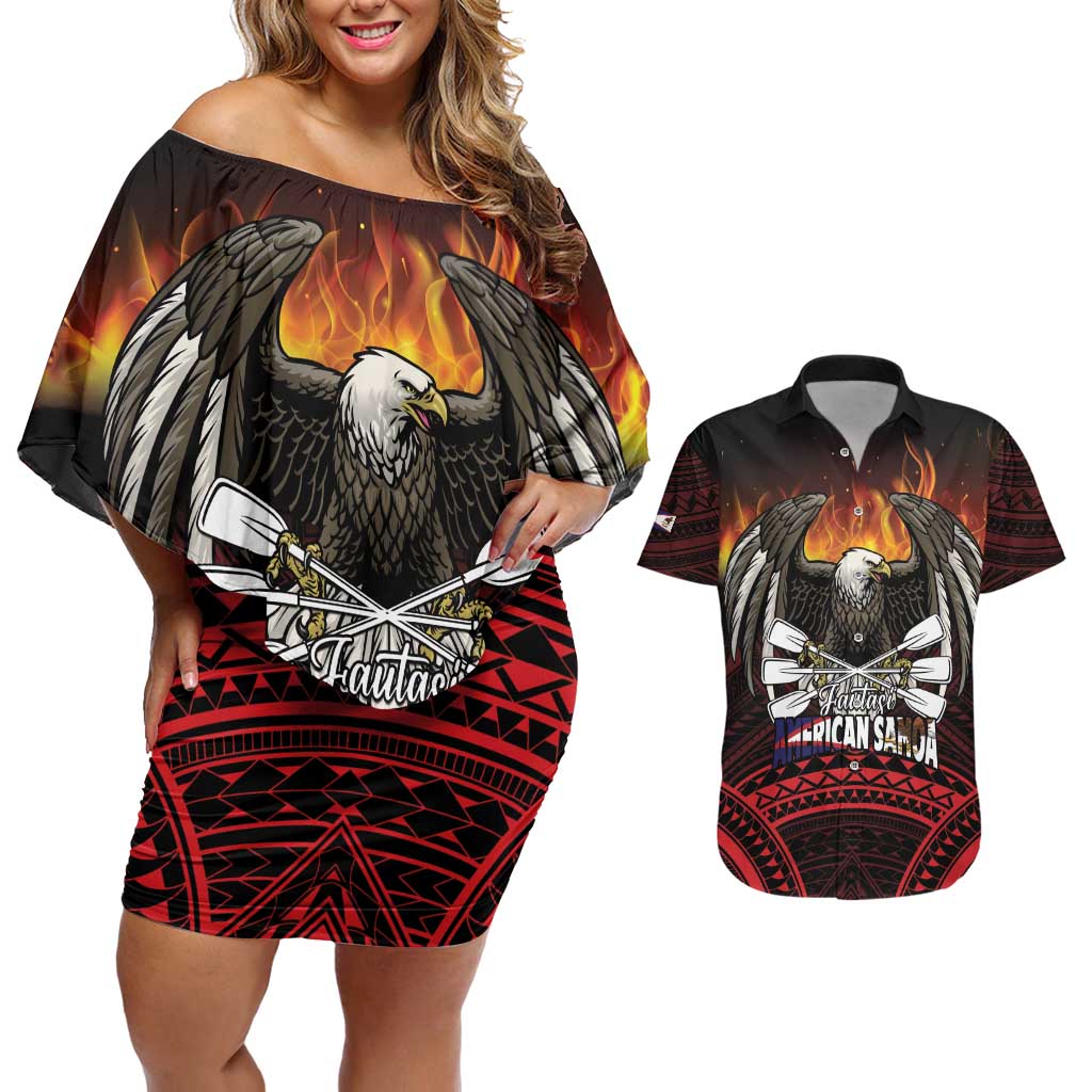Fautasi Race Day American Samoa Couples Matching Off Shoulder Short Dress and Hawaiian Shirt Bald Eagle Polynesian Tattoo LT14 Black - Polynesian Pride