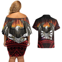 Fautasi Race Day American Samoa Couples Matching Off Shoulder Short Dress and Hawaiian Shirt Bald Eagle Polynesian Tattoo
