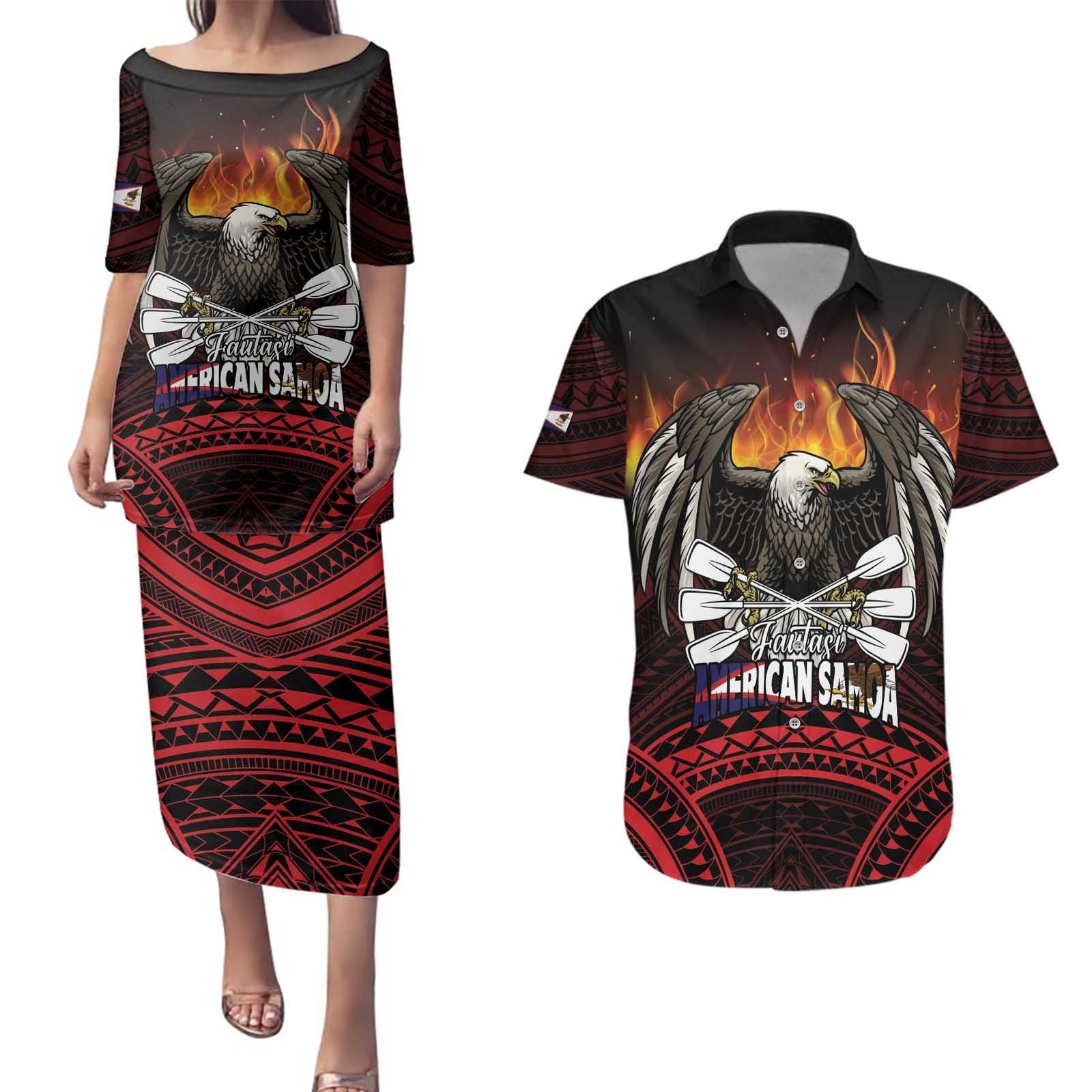 Fautasi Race Day American Samoa Couples Matching Puletasi and Hawaiian Shirt Bald Eagle Polynesian Tattoo LT14 Black - Polynesian Pride